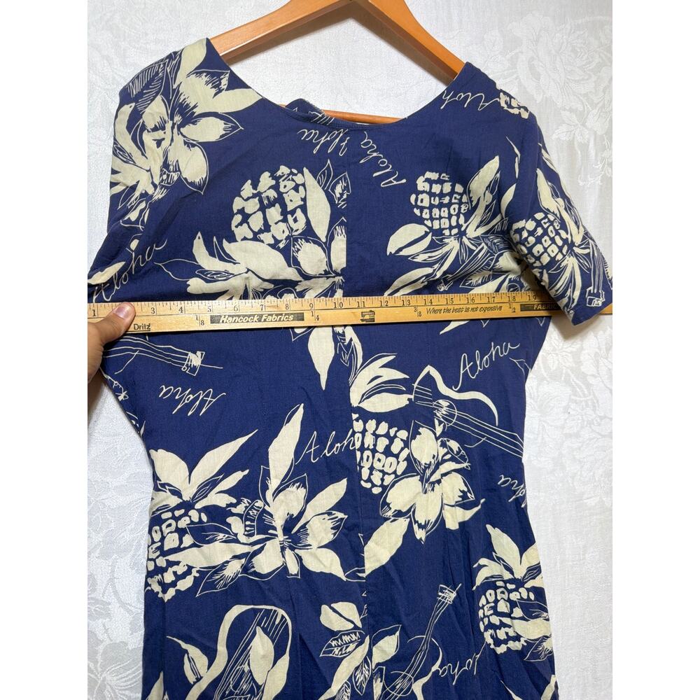 Hilo Hattie Dress Medium Blue Cream Floral Pineapple Print Made in Hawaii Sarong - Picture 7 of 8